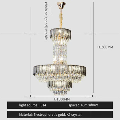 Postmodern multi-layer black decorbites crystal chandelier with k9 crystal prisms and gold accents for living room