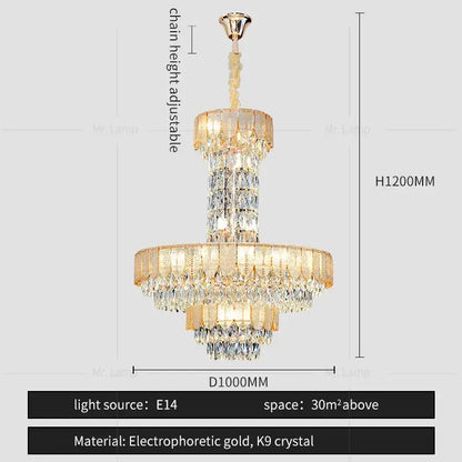 Gold postmodern multi-layer decorbites crystal chandelier with k9 crystal tiers hanging from adjustable chain