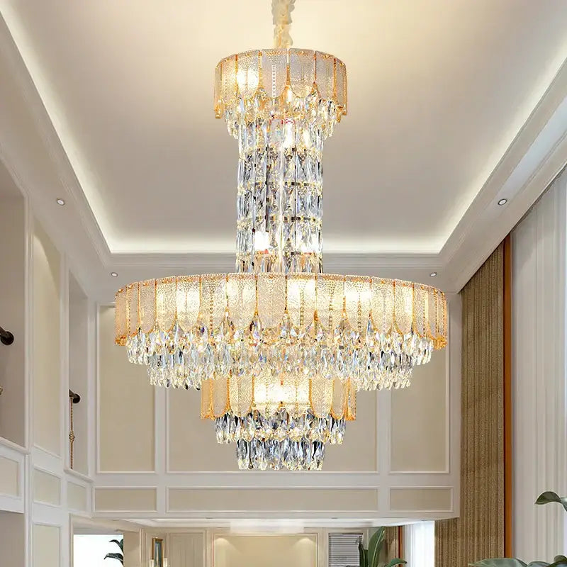 Postmodern multi-layer black decorbites crystal chandelier with gold-toned metal and cascading clear crystals for living room