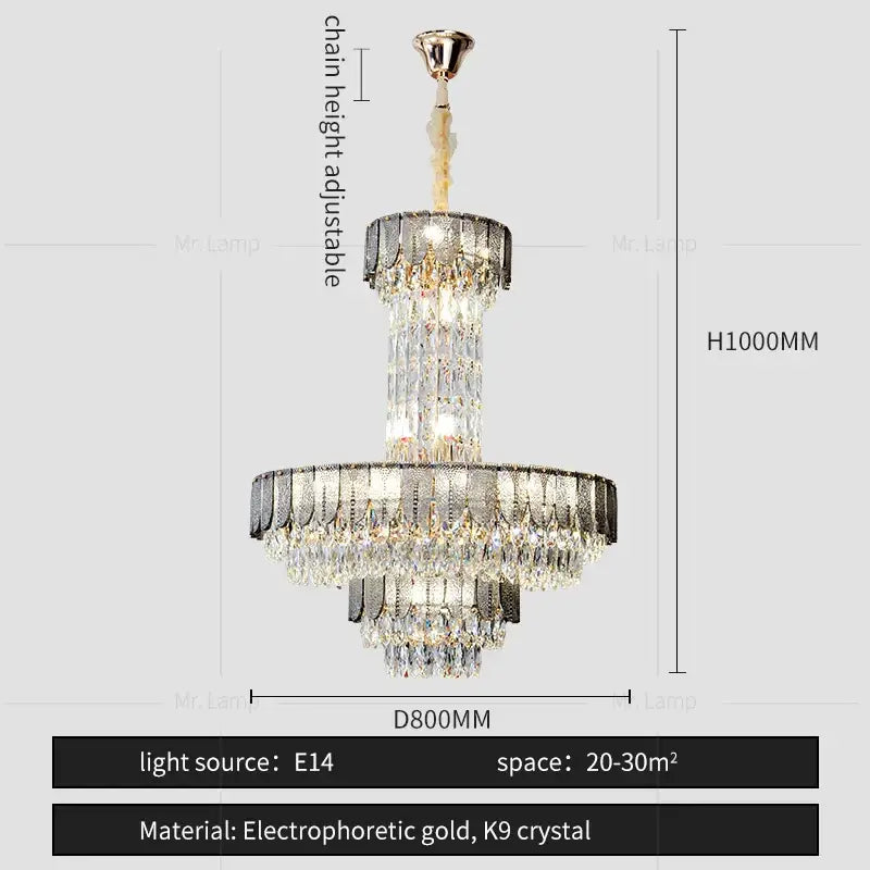 Postmodern multi-layer black decorbites crystal chandelier with cascading k9 crystals and gold accents for elegant living room lighting