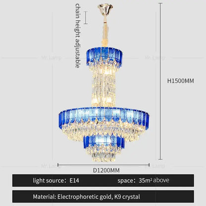 Postmodern multi-layer decorbites crystal chandelier with blue glass tiers and k9 crystal droplets for living room