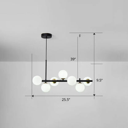 Modern black metal chandelier with six frosted glass globe lights in smoke grey cognac for dining room lighting
