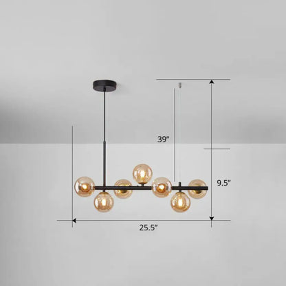 Modern black metal chandelier with seven amber glass globes for dining room in smoke grey cognac finish