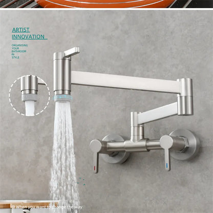 Modern brushed gold brass wall mounted pot filler tap with single hole foldable articulated arm and dual handles