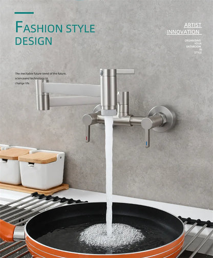 Modern wall mounted single hole pot filler tap with foldable brushed gold brass spout and dual handles for hot and cold water