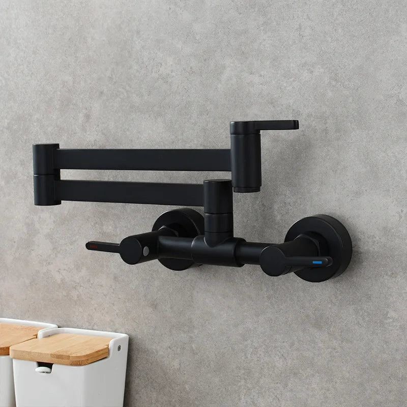 Black matte wall mounted single hole extendable kitchen faucet with dual handles and modern design in brass finish