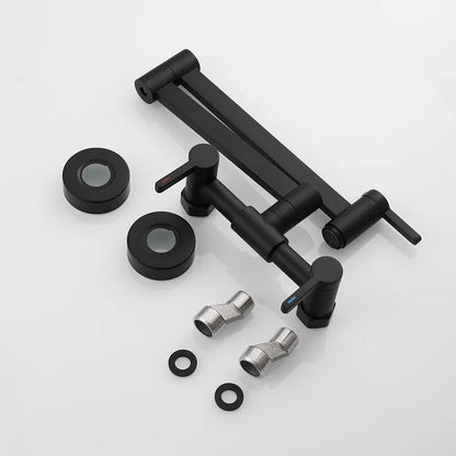Black matte-finish wall mounted single hole kitchen faucet with two handles and foldable rotating spout hardware