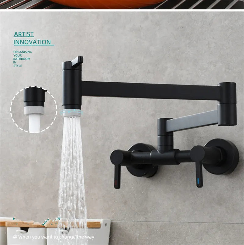 Black matte wall mounted single hole pot filler tap with foldable articulated arm and dual handles for kitchen use