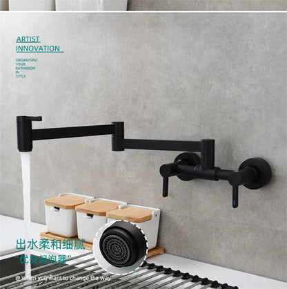 Black matte single hole wall mounted extendable kitchen faucet with circular spray head and modern design