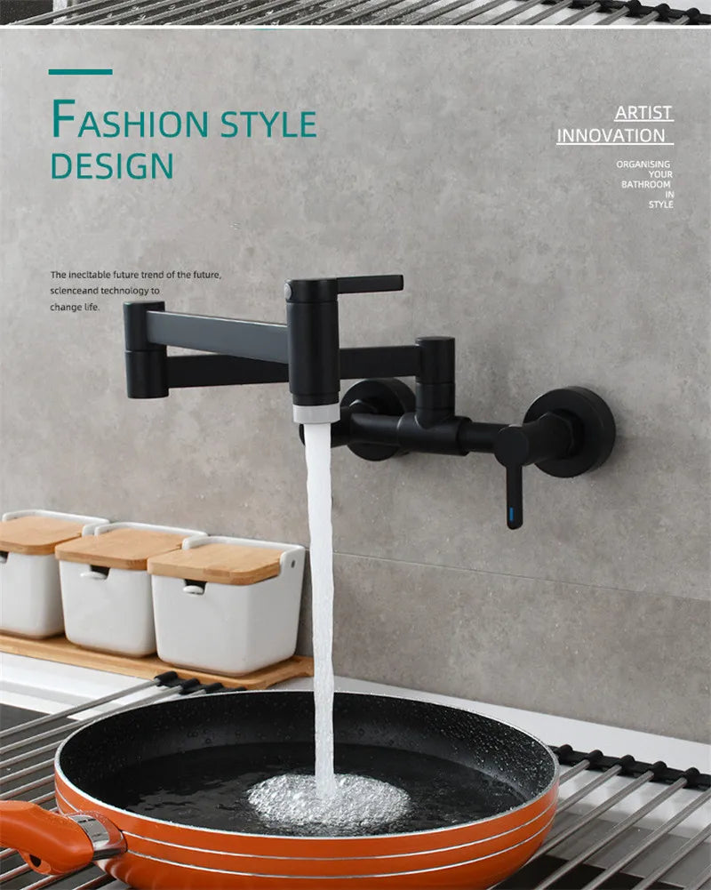 Black matte wall mounted pot filler tap with articulated arm dual handles single hole foldable kitchen faucet