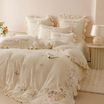 Cream-colored velvet bedding set with delicate flowers embroidery ruffles and charming ruffled edges for bedroom decor