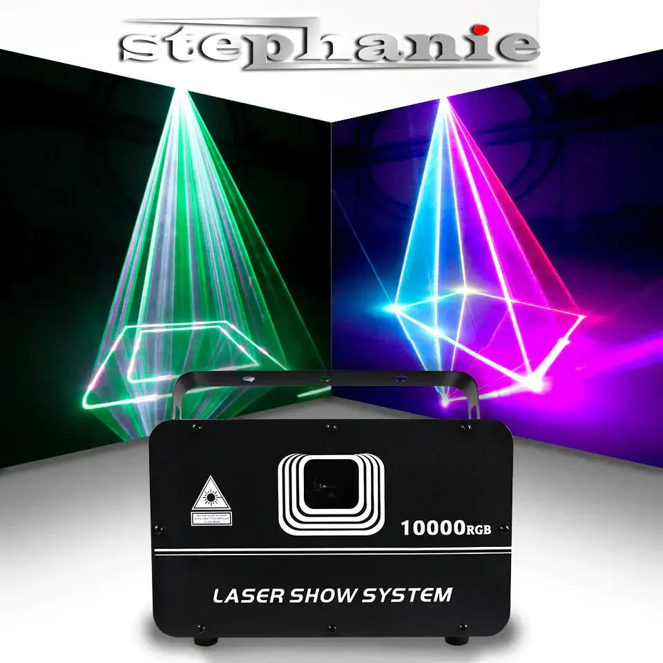 Black rectangular decorbites 10w rgb laser light projector with white branding for dj stage and party room decor