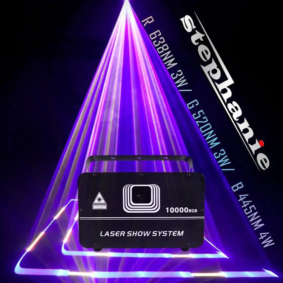 Black rectangular decorbites 10w rgb laser light projector with white label and purple blue beams for dj stage and party room