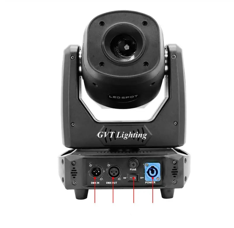 Black gvt lighting 120w led spot moving head spotlight showing rear control ports for performance rooms decorbites 120w led