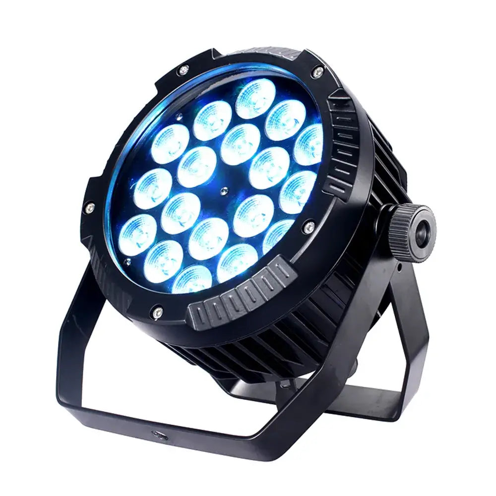 Professional black 18x18w rgbwa uv 6in1 led par stage light with 18 bright blue bulbs arranged in a grid pattern