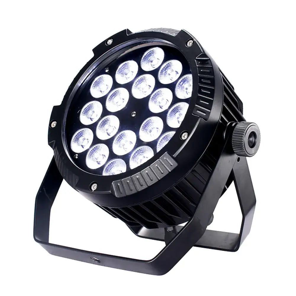 Professional black 18x18w rgbwa uv 6in1 led par stage light with 18 bright white bulbs in a circular grid pattern