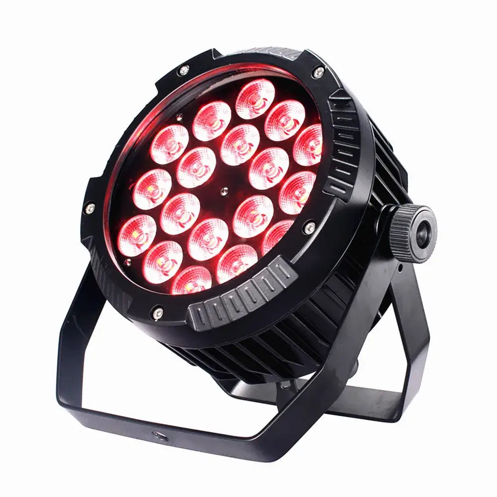 Professional black 18x18w rgbwa uv 6in1 led par stage light with 18 red illuminated bulbs in a circular grid pattern