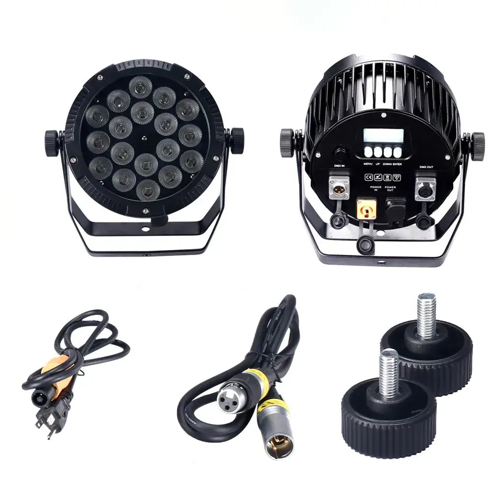 Professional black 18x18w rgbwa uv 6in1 led par stage light showing black circular led panel with 16 leds and rear control panel