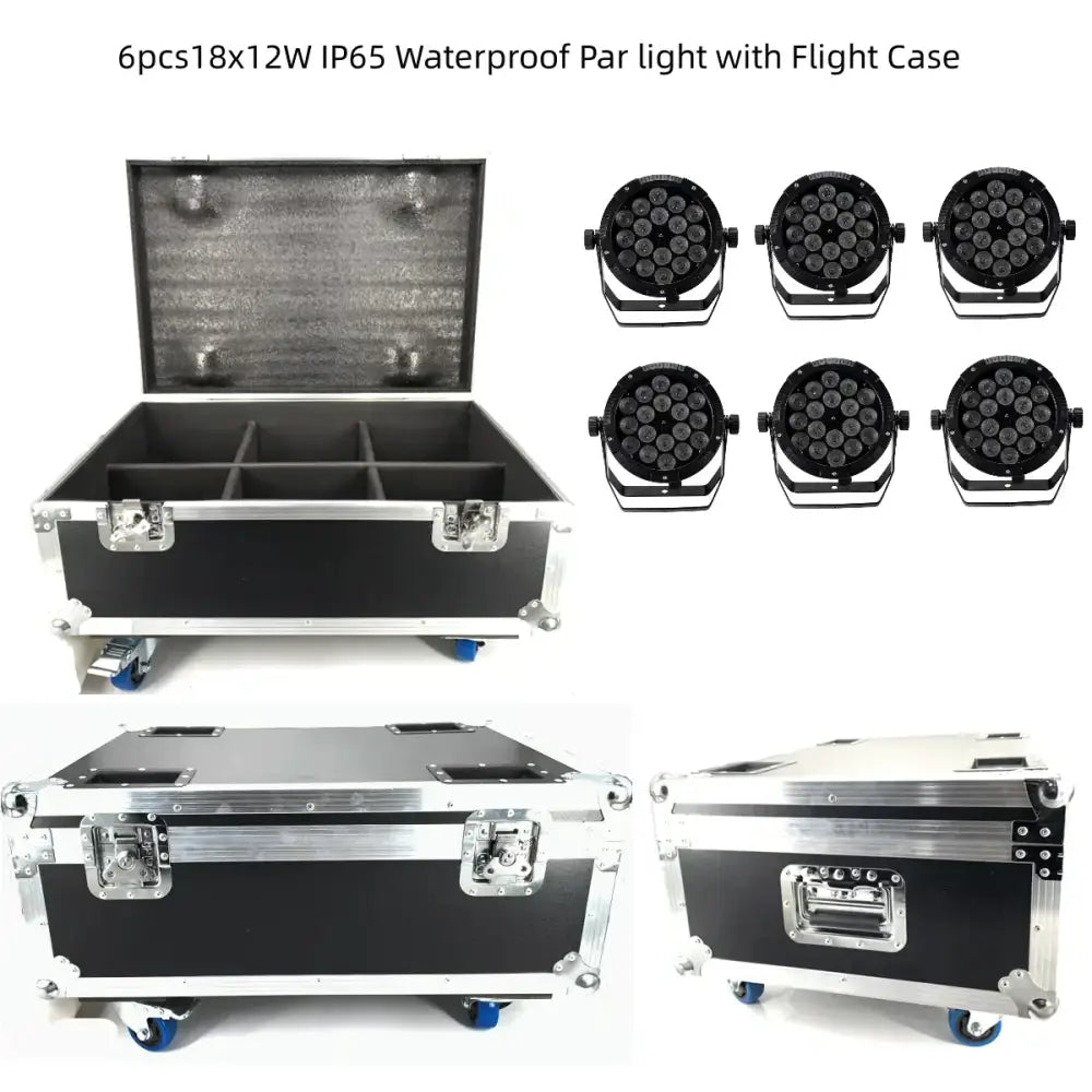 Black and silver flight case with blue wheels designed for six 18x18w rgbwa uv 6in1 led par stage lights