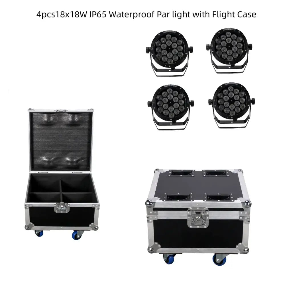 Black and silver flight case with blue wheels designed to hold four 18x18w rgbwa uv 6in1 par lights professional stage use