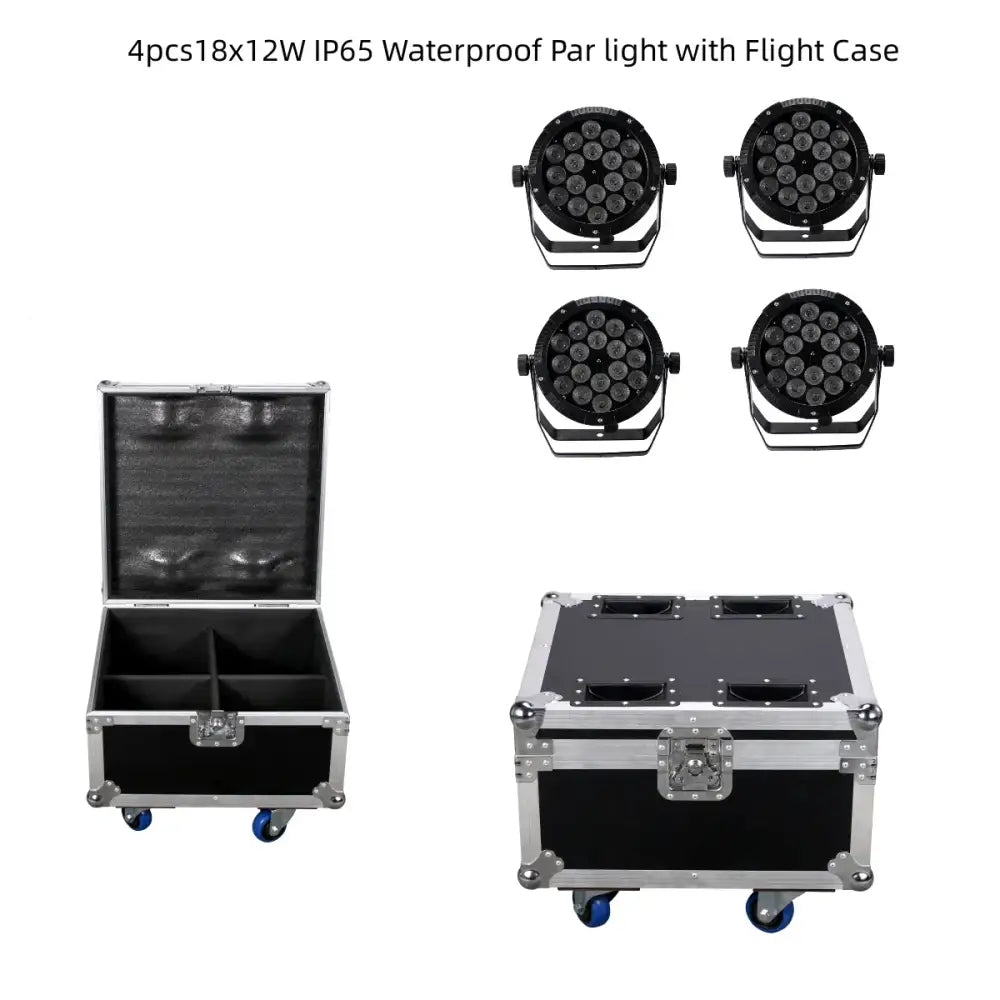 Black and silver flight case with blue wheels for 18x18w rgbwa uv 6in1 led par stage lights holding four ip65 par lights