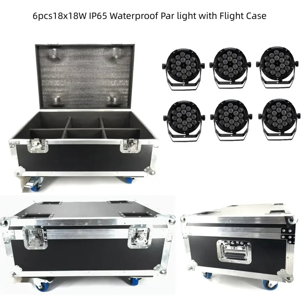 Six black professional 18x18w rgbwa uv 6in1 led par stage lights in an ip65 waterproof flight case