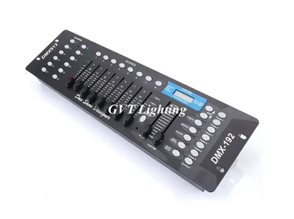 Professional black 192 channel dmx controller with multiple sliders buttons and blue display for dj disco lighting control