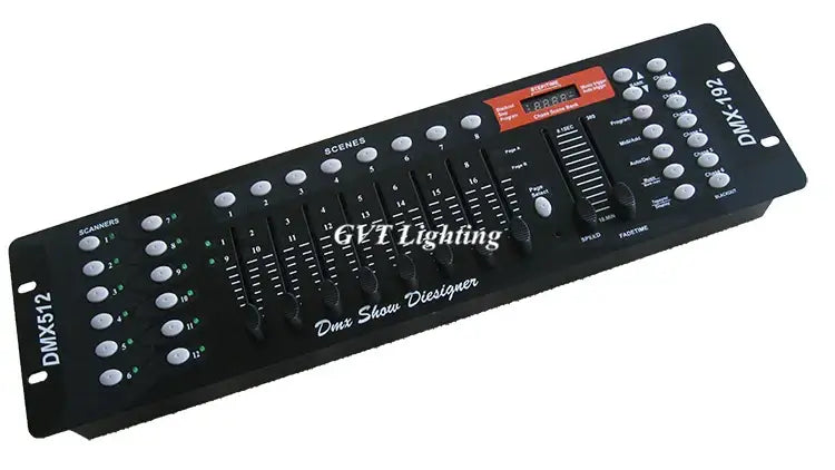 Professional black 192 channel dmx controller with silver knobs and sliders labeled dmx show designer for dj lighting