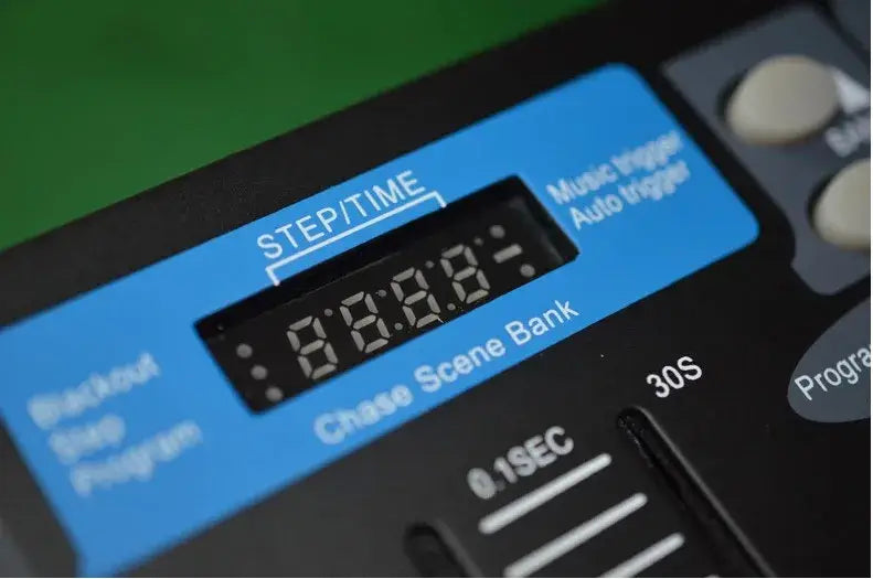 Professional black dmx controller stage lights console with blue label and white led timer display showing 0498 seconds