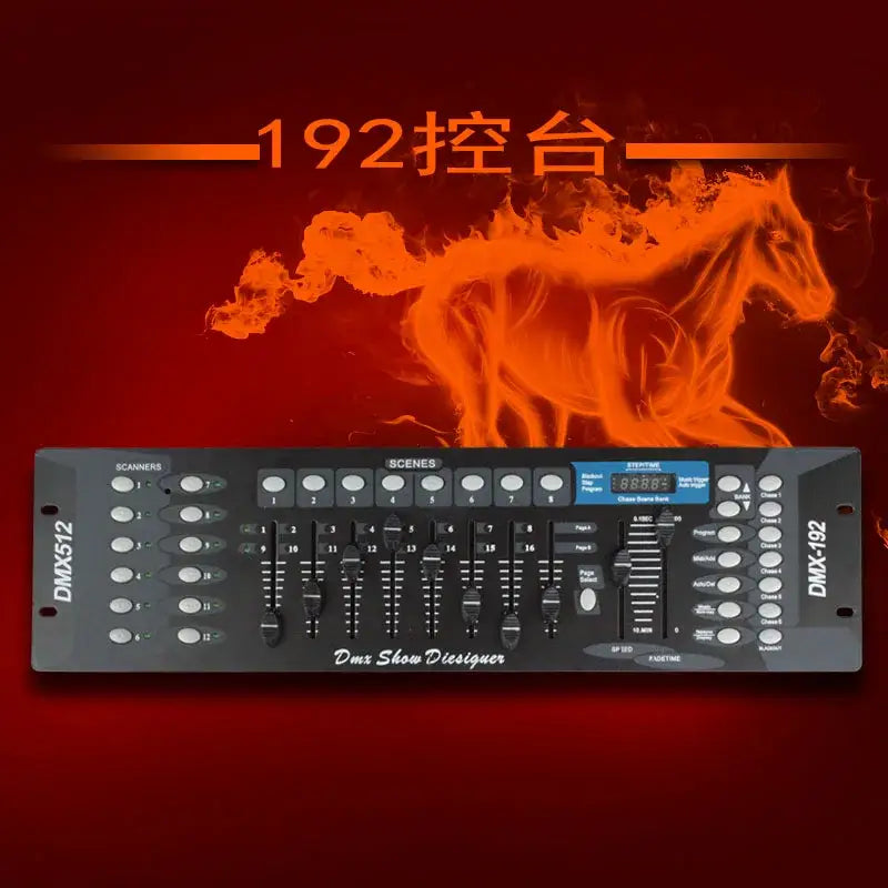 Professional black dmx controller stage console with multiple sliders buttons and digital display for event room lighting