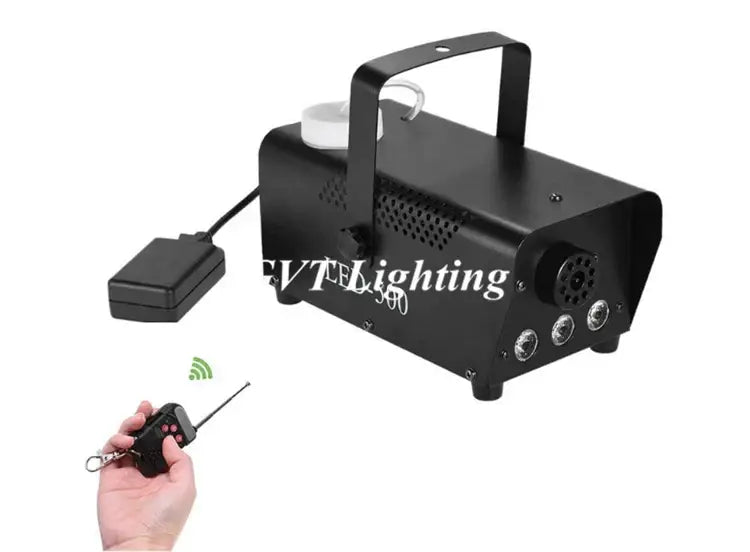 Professional black metal wireless control smoke machine with white cap, three front lights, and handle for stage use