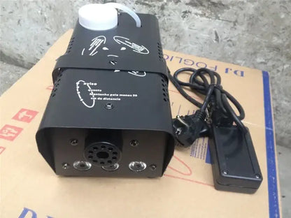 Professional black metal smoke machine with white cap and coiled power cord for wireless control stage use