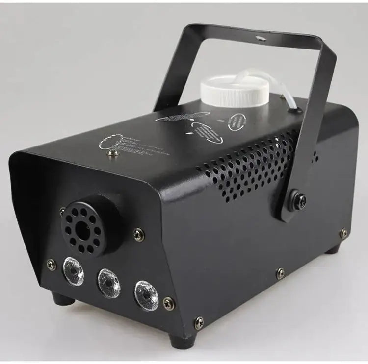 Professional black metal smoke machine with wireless control white cap and perforated side panels for stage use