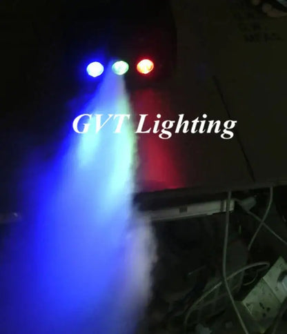 A professional black metal wireless control smoke machine with gvt stage lights emitting vibrant blue green and red beams