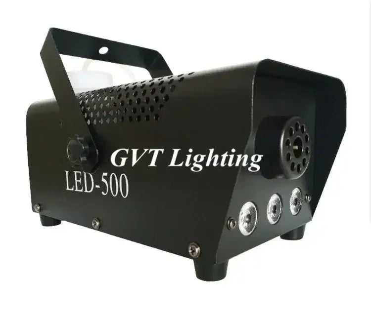 Professional black metal smoke machine with wireless control showing perforated side panel and circular output ports
