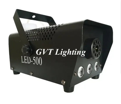 Professional black metal smoke machine with wireless control showing perforated side panel and circular output ports