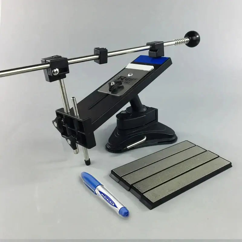 Professional black and silver decorbites knife sharpener with stone bars grinders and blue accents with three gray stones