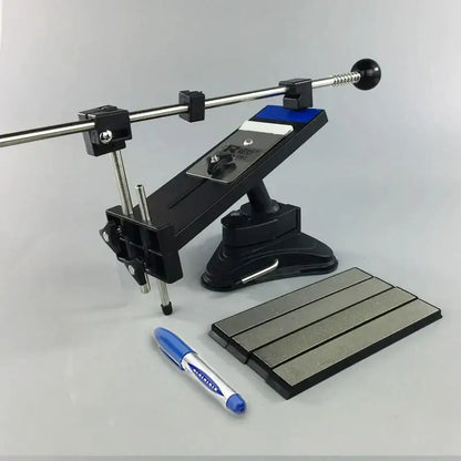 Professional black and silver decorbites knife sharpener with stone bars grinders and blue accents with three gray stones