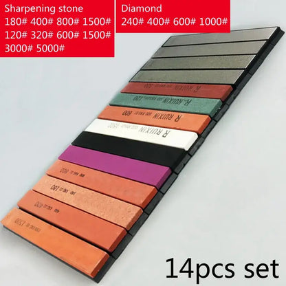 A 14-piece ruixin sharpening stone set in orange purple black green for decorbites knife sharpener stone bars grinders