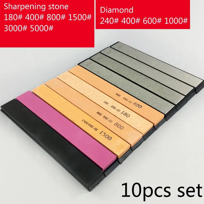 Set of ten rectangular stone bars grinders in varying colors for professional decorbites knife sharpener kitchen tool