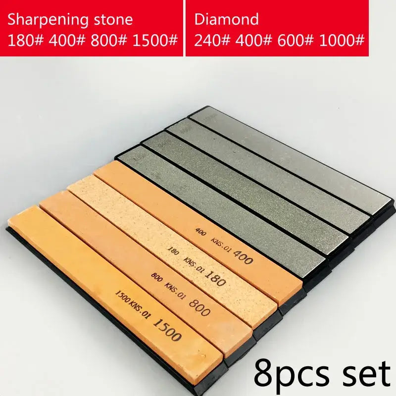 Set of eight orange and gray rectangular stone bars grinders with black rubber backing for decorbites knife sharpener