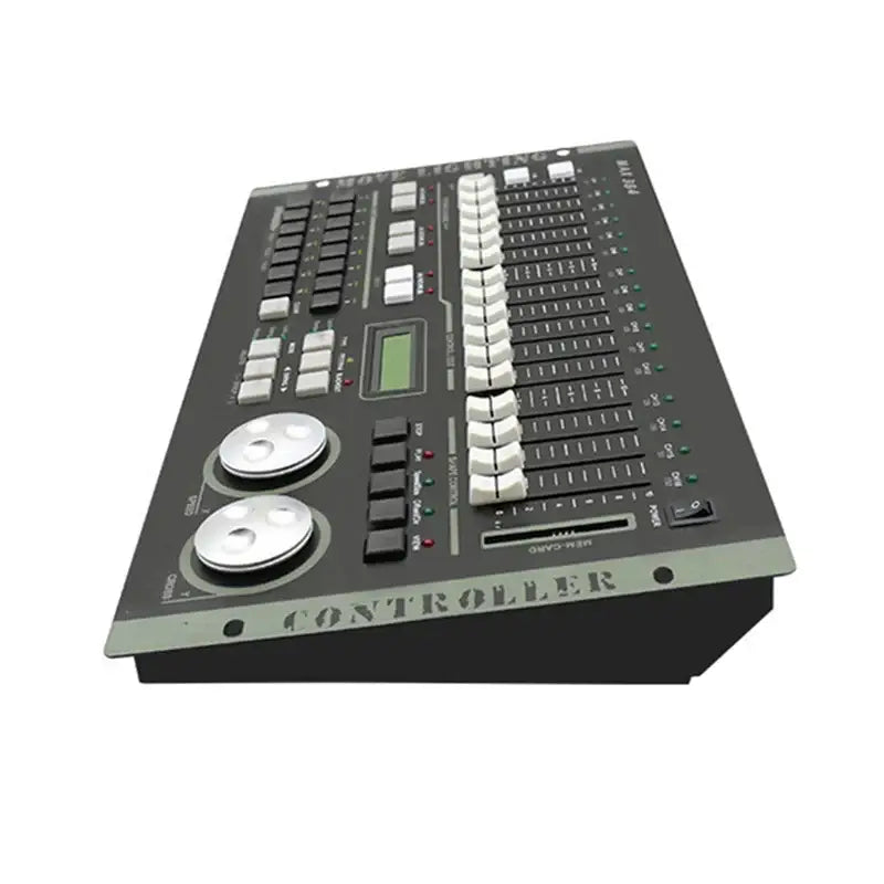 Professional black and silver dmx max lighting controller with multiple faders knobs buttons and small digital display for stage control