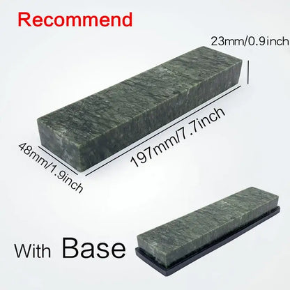 Professional green stone knife sharpener set with dark green textured whetstone mounted on black base for kitchen use
