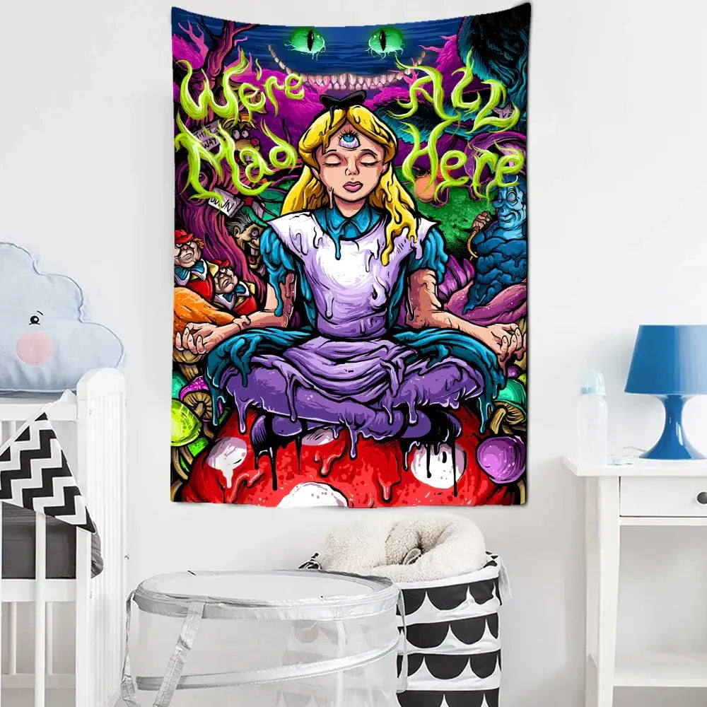 Vibrant psychedelic anime girl tapestry wall hanging decorbites featuring alice in wonderland with glowing eyes and surreal creatures