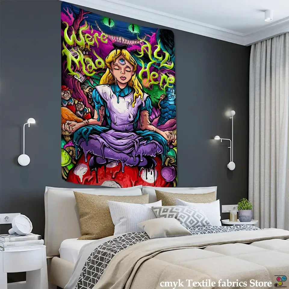 Vibrant psychedelic alice anime girl tapestry wall hanging with glowing green text and surreal colorful decorbites anime girl design