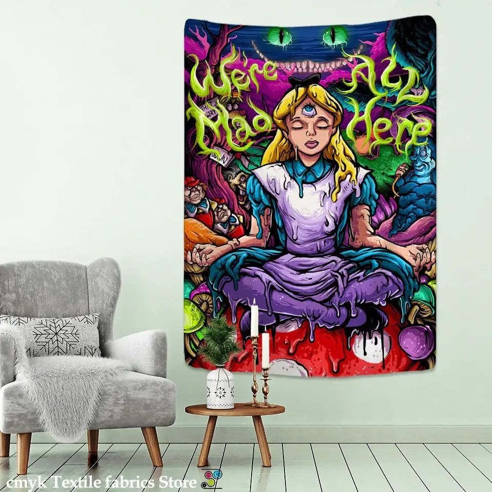 Vibrant psychedelic anime girl tapestry featuring alice meditating with cheshire cat on soft fabric for decorbites decorbites anime girl wall hanging