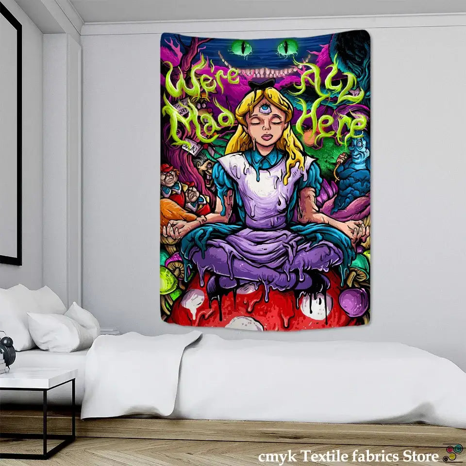 Vibrant psychedelic anime girl tapestry wall hanging with alice in wonderland meditating on a mushroom decorbites anime girl