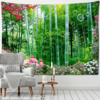 Psychedelic bamboo forest pigeon path tapestry with lush green stalks, vibrant pink and purple flowers, and clear bubbles decorbites bamboo forest wall decor