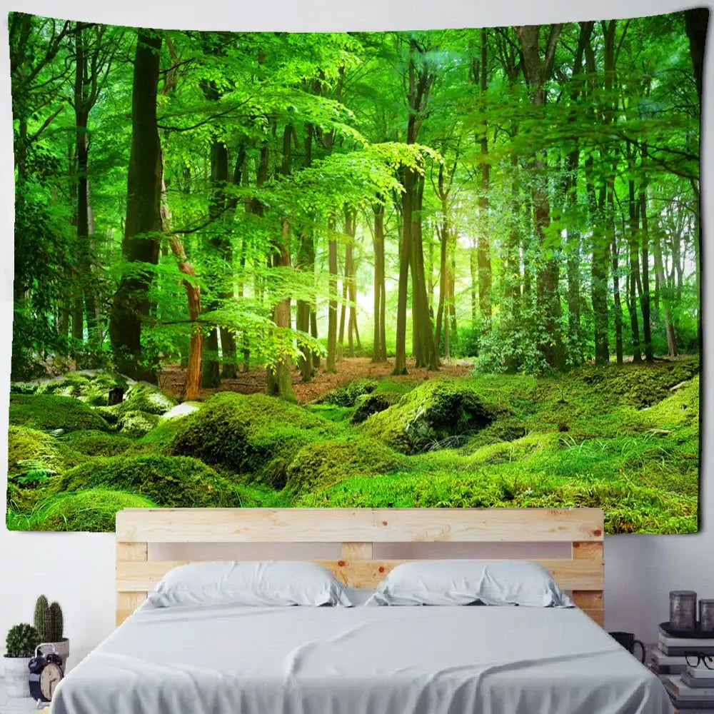 Vibrant green bamboo forest pigeon path tapestry with tall trees and mossy ground hanging above a bed decorbites bamboo forest