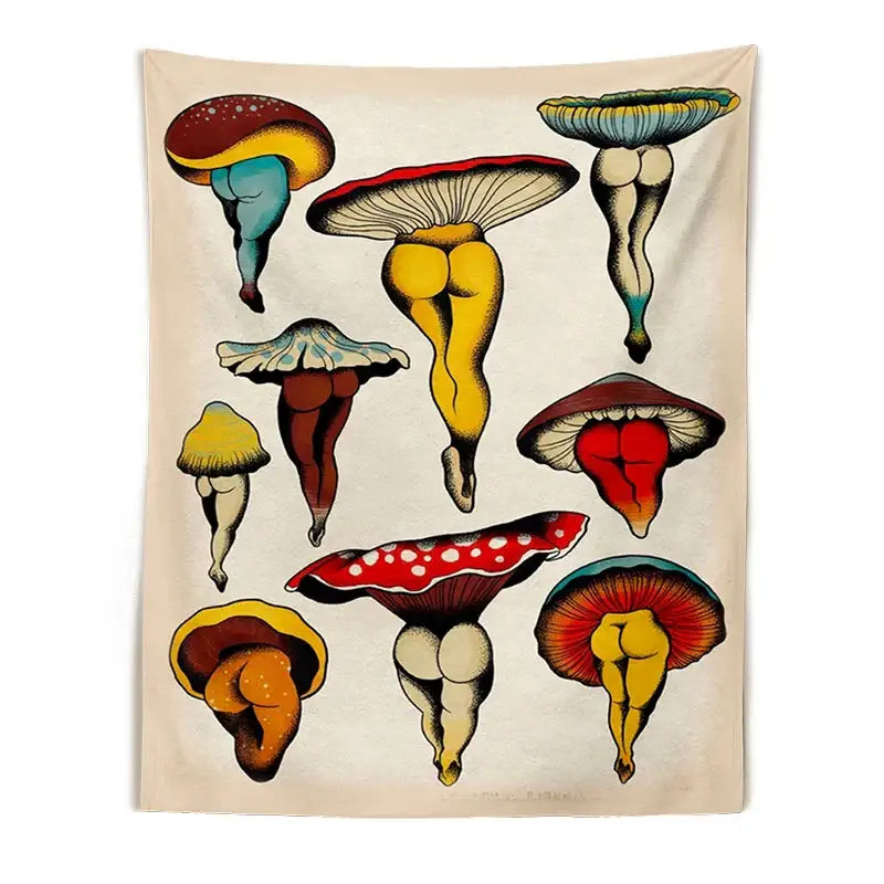 Beige mushroom girl tapestry with stylized tattoo-inspired mushrooms featuring human legs for bedroom wall decor
